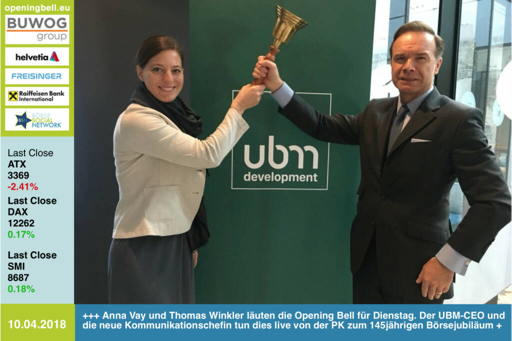 10.4.: Anna Vay und Thomas Winkler läuten die Opening Bell für Dienstag. Der UBM-CEO und die neue Kommunikationschefin tun dies live von der PK zum 145jährigen Börsejubiläum http://ubm.at https://www.facebook.com/groups/GeldanlageNetwork/  #goboersewien (10.04.2018) 