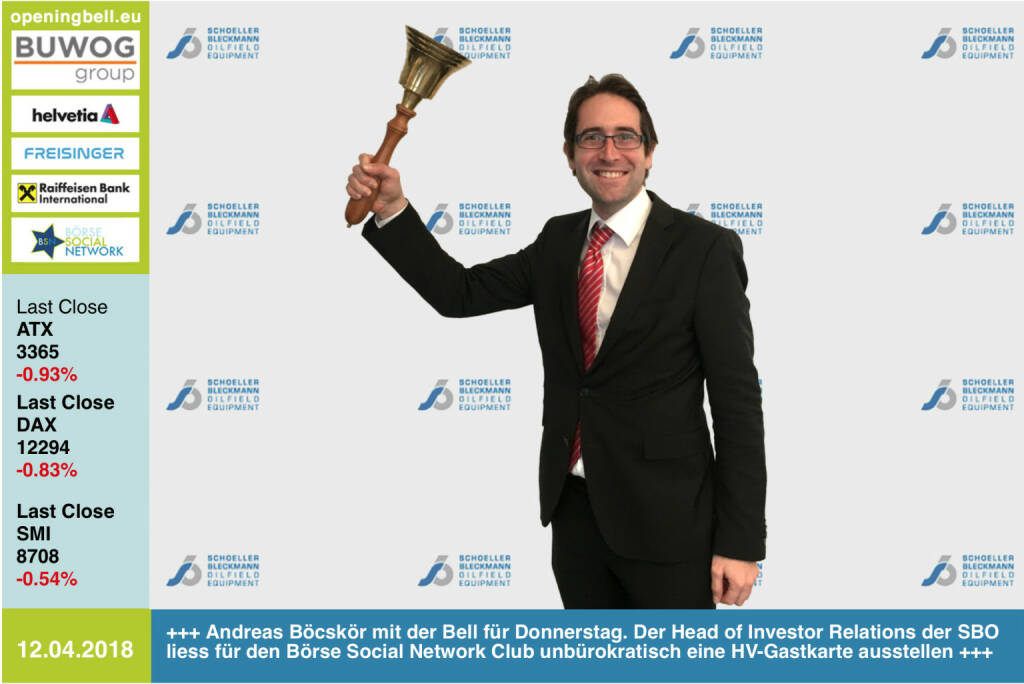 12.4.: Andreas Böcskör läutet die Opening Bell für Donnerstag. Der Head of Investor Relations der SBO liess für den Börse Social Network Club unbürokratisch eine HV-Gastkarte ausstellen http://www.sbo.co.at https://www.facebook.com/groups/GeldanlageNetwork/  #goboersewien (12.04.2018) 