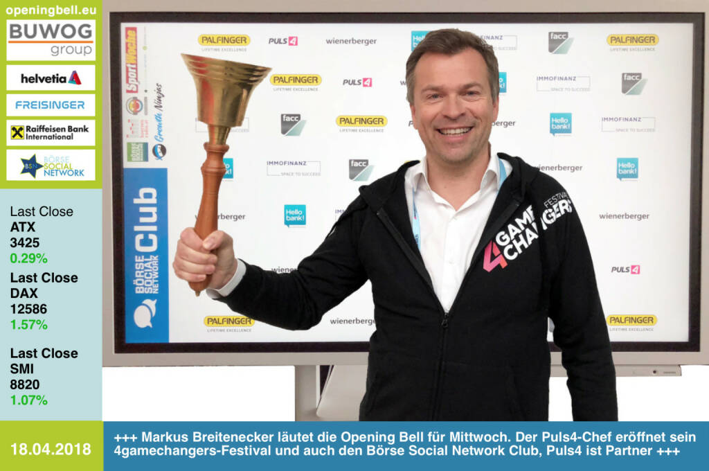 18.4.: Markus Breitenecker läutet die Opening Bell für Mittwoch. Der Puls4-Chef eröffnet damit sein 4gamechangers-Festival und auch den Börse Social Network Club, bei dem Puls4 neben FACC, Hello bank!, Immofinanz, Palfinger, und Wienerberger Hauptpartner ist https://4gamechangers.io https://www.facebook.com/groups/GeldanlageNetwork/  #goboersewien (18.04.2018) 