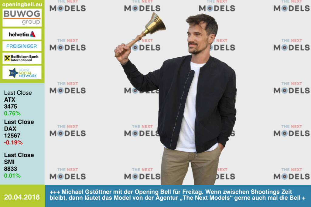 20.4.: Michael Gstöttner mit der Opening Bell für Freitag. Wenn zwischen Shootings Zeit bleibt, dann läutet das Model von der Agentur „The Next Models“ gerne auch mal die Bell http://www.thenextmodels.com  https://www.facebook.com/groups/GeldanlageNetwork/  #goboersewien (20.04.2018) 