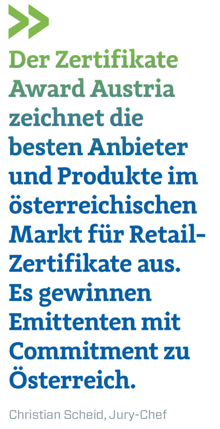 Der Zertifikate Award Austria zeichnet die besten Anbieter und Produkte im österreichischen Markt für Retail-Zertifikate aus. Es gewinnen Emittenten mit Commitment zu Österreich.
Christian Scheid, Jury-Chef