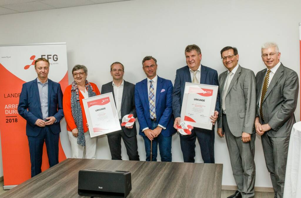 FFG - Österreichische Forschungsförderungsgesellschaft: Die beiden Vorzeige-Unternehmen ETM Professional Control und die SET Software Engineering Tschürtz GmbH wurden am Montag von Bundesminister Norbert Hofer im Rahmen der Initiative „Arbeitsplätze durch Innovation“ als burgenländische Landessieger 2018 ausgezeichnet. ETM-Geschäftsführer Bernhard Reichl und SET-Geschäftsführer Johann Tschürtz nahmen im Beisein von Landeshauptmann-Stellvertreter Johann Tschürtz, Bundesrätin Inge Posch-Gruska, Bürgermeister Gerald Hiller, Vizebürgermeisterin Maria Zachs und FFG-Geschäftsführer Klaus Pseiner sowie zahlreichen Gästen und MitarbeiterInnen die Urkunden von Bundesminister Norbert Hofer entgegen. Fotocredit:FFG/Robert Johne, © Aussendung (01.05.2018)