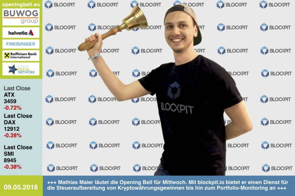 9.5.: Mathias Maier läutet die Opening Bell für Mittwoch. Mit blockpit.io bietet er einen Dienst für die Steueraufbereitung von Kryptowährungsgewinnen bis hin zum Portfolio-Monitoring an. https://blockpit.io https://www.facebook.com/groups/GeldanlageNetwork/  #goboersewien (09.05.2018) 