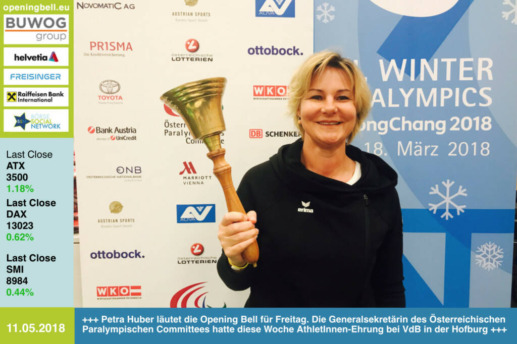 11.5.: Petra Huber läutet die Opening Bell für Freitag. Die Generalsekretärin des Österreichischen Paralympischen Committees hatte diese Woche AthletInnen-Ehrung bei VdB in der Hofburg http://www.oepc.at/ http://runplugged.com/2018/05/11/paralympic_32000_euro_und_eine_besondere_ehrung_durch_den_bundesprasidenten_in_der_hofburg https://www.facebook.com/groups/Sportsblogged  
https://www.facebook.com/groups/GeldanlageNetwork/  #goboersewien 

 (11.05.2018) 