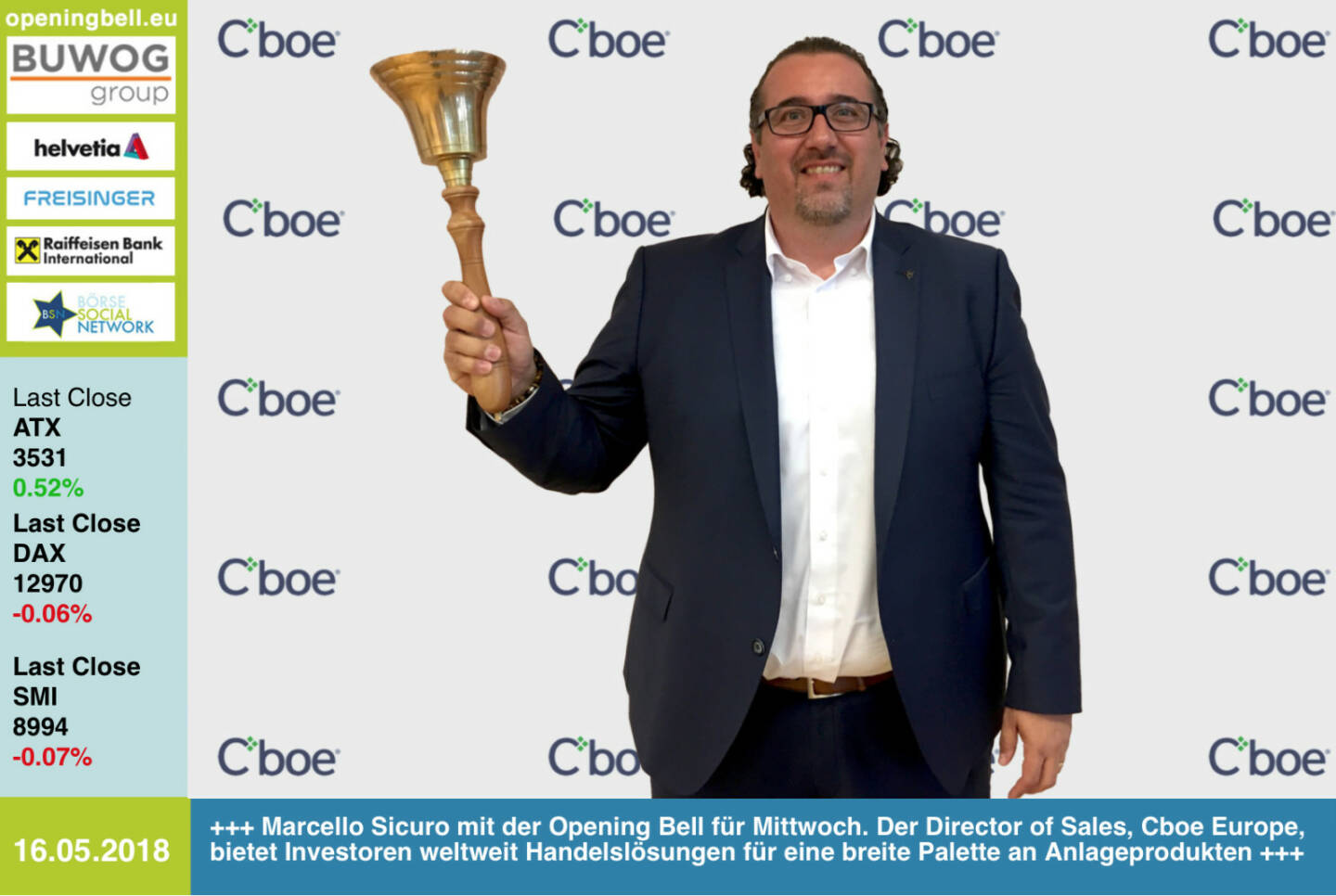 16.5.: Marcello Sicuro mit der Opening Bell für Mittwoch. Der Director of Sales, Cboe Europe, bietet Investoren weltweit Handelslösungen für eine breite Palette an Anlageprodukten. http://cboe.com https://www.facebook.com/groups/GeldanlageNetwork/  #goboersewien