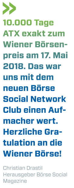 10.000 Tage ATX exakt zum Wiener Börsenpreis am 17. Mai 2018. Das war uns mit dem neuen Börse Social Network Club einen Aufmacher wert. Herzliche Gratulation an die Wiener Börse!
Christian Drastil, Herausgeber Börse Social Magazine  (21.05.2018) 