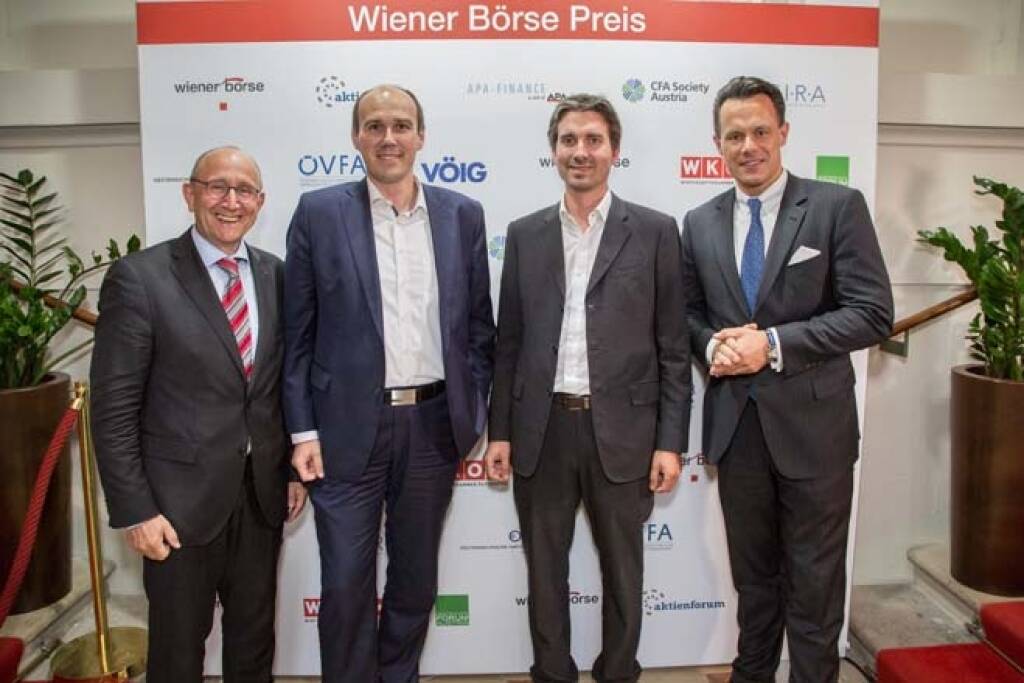 Wiener Börse-Vorstand Ludwig Nießen, Bernhard Dörflinger, Wolfgang Matzner (beide TeleTrader), Börse-CEO Christoph Boschan; Credit: APA-Fotoservice, © APA-Fotoservice/Wiener Börse (22.05.2018) 