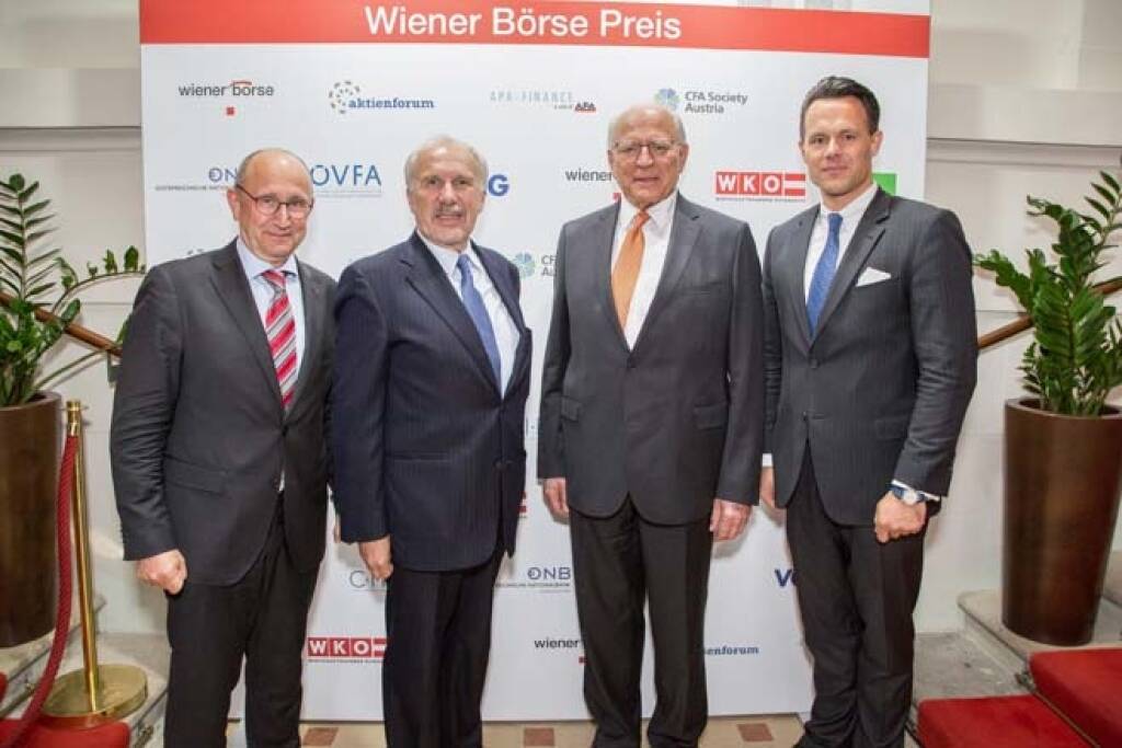Wiener Börse-Vorstand Ludwig Nießen, Ewald Nowotny, Claus Raidl (beide OeNB), Börse-CEO Christoph Boschan; Credit: APA-Fotoservice, © APA-Fotoservice/Wiener Börse (22.05.2018) 