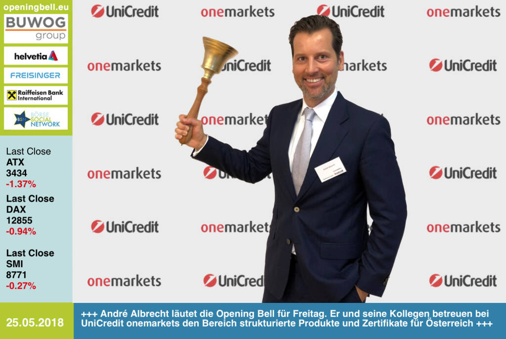 25.5. André Albrecht läutet die Opening Bell für Freitag. Er und seine Kollegen betreuen bei UniCredit onemarkets den Bereich strukturierte Produkte und Zertifikate für Österreich https://www.onemarkets.at/de.html https://www.facebook.com/groups/GeldanlageNetwork/  #goboersewien  (25.05.2018) 