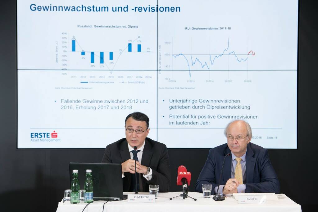 ERSTE-SPARINVEST: Erste Asset Management sieht Russland vor der Fußball WM wieder auf Wachstumskurs, dämpft aber Euphorie; Alexandre Dimitrov, Manager des Aktienfonds ESPA STOCK RUSSIA und Peter Szopo, Aktienstratege Erste Asset Management; Fotocredit: ERSTE-SPARINVEST/APA-Fotoservice/Hörmandinger, © Aussendung (28.05.2018) 