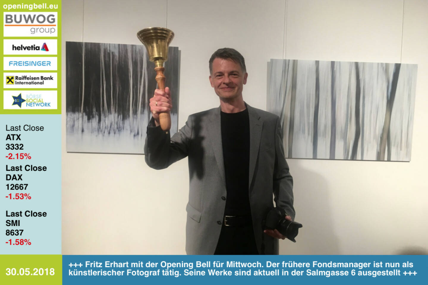 30.5. Fritz Erhart mit der Opening Bell für Mittwoch. Der frühere Fondsmanager ist nun als künstlerischer Fotograf tätig. Seine Werke sind aktuell in der Salmgasse 6 ausgestellt. http://www.friedrich-erhart.com https://www.facebook.com/groups/GeldanlageNetwork/  #goboersewien