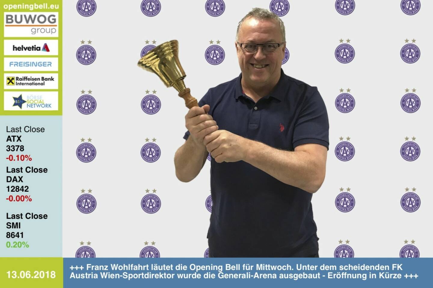 13.6.: Franz Wohlfahrt läutet die Opening Bell für Mittwoch. Unter dem scheidenden FK Austria Wien-Sportdirektor wurde die Generali-Arena ausgebaut - Eröffnung in Kürze https://www.facebook.com/groups/Sportsblogged  