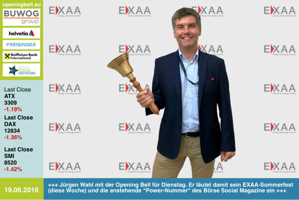 19.6.: Jürgen Wahl mit der Opening Bell für Dienstag. Er läutet damit sein EXAA-Sommerfest (findet diese Woche satt) und die in Produktion befindliche Power-Nummer des Börse Social Magazine ein https://www.exaa.at/ http://www.boerse-social.com/magazine https://www.facebook.com/groups/GeldanlageNetwork/ #goboersewien (19.06.2018) 