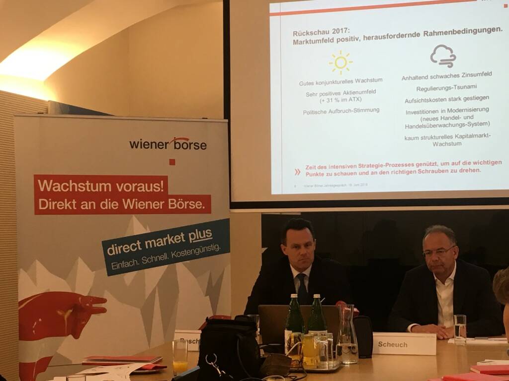 Die neue Strategie greift: Wiener Börse-CEO Christoph Boschan und Börse AR-Vorsitzender Heimo Scheuch (Wienerberger) luden zum Jahresgespräch. In 2017 hat die Wiener Börse viele Neuheiten eingeführt (Stichwort global market ...), den acht größten Börsegang weltweit durchgeführt (Stichwort Bawag) und das Ergebnis um 10 Prozent steigern können (auf 28 Mio. Euro). Pläne gibt es auch im laufenden Jahr: Im Herbst soll mit dem direkt market plus ein neues Marktsegment für Jungunternehmen und KMU eingeführt werden. Bild: beigestellt, © Aussender (19.06.2018) 