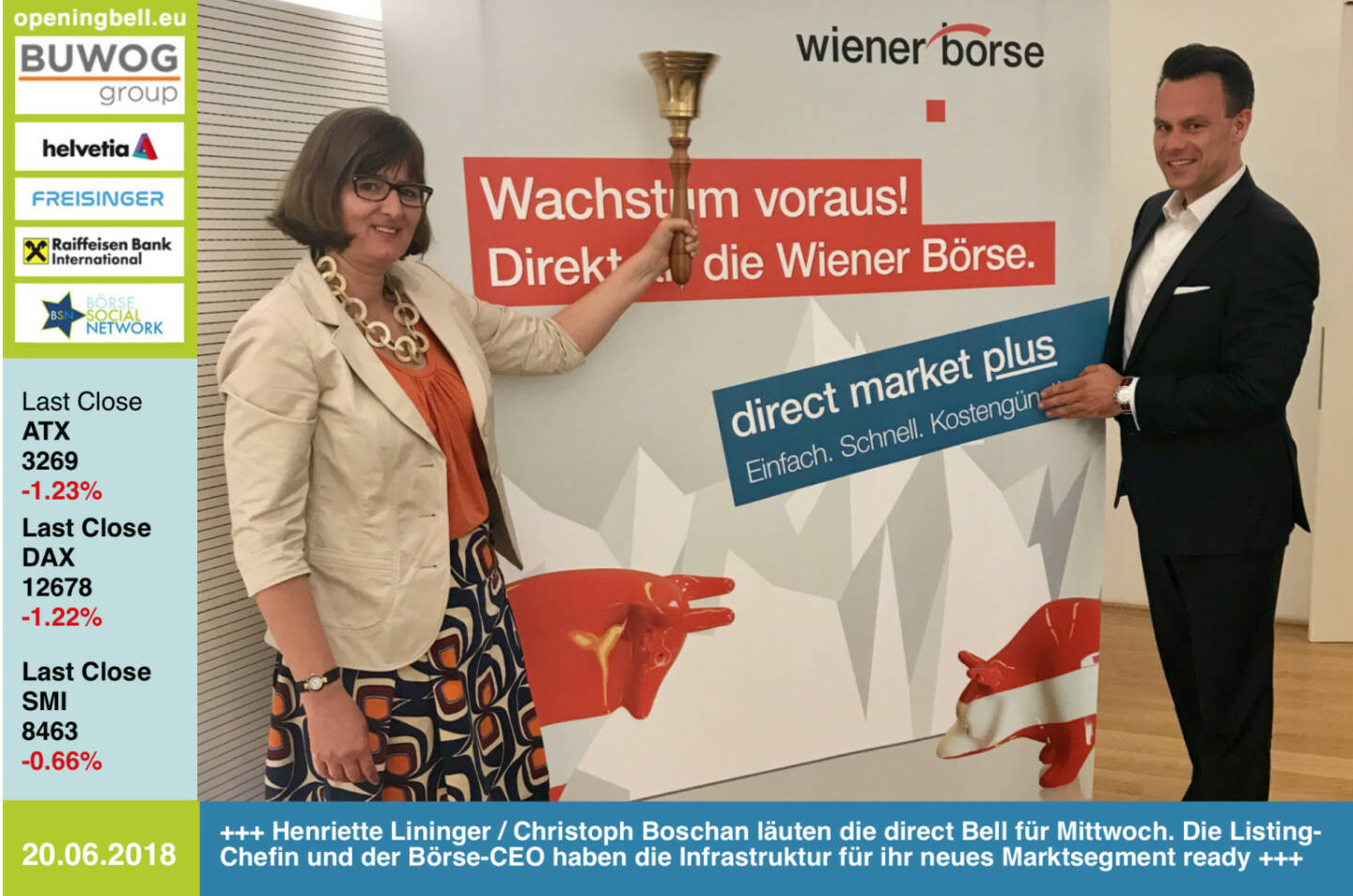 20.6.: Henriette Lininger und Christoph Boschan läuten eine direct Opening Bell für Mittwoch. Die Listing-Chefin und der Börse-CEO haben die Infrastruktur für ihr neues Marktsegment ready, siehe https://www.boerse-social.com/2018/06/19/die_positive_ungeduld_von_christoph_boschan_und_ein_grundsatzliches_borse-yes_von_den_oekostrom-eigner_gabb http://www.wienerborse.at https://www.facebook.com/groups/GeldanlageNetwork/ #goboersewien