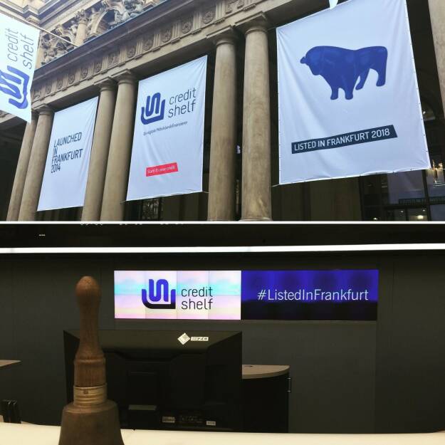 Edda Vogt, Deutsche Börse: #Börsengang des Kreditvermittlers creditshelf im Prime Standard heute morgen. An der Fassade die Unternehmensgeschichte in zwei Etappen: gegründet 2014 – IPO 2018. Platziert wurden 206.250 Aktien zum Festpreis à 80 Euro. #ListedInFrankfurt live ab 9 Uhr auf unserem Youtube-Kanal, wenn parallel der erste Preis auf Xetra und dem Frankfurter Parkett festgestellt wird: https://lnkd.in/d9dRGvs (25.07.2018)