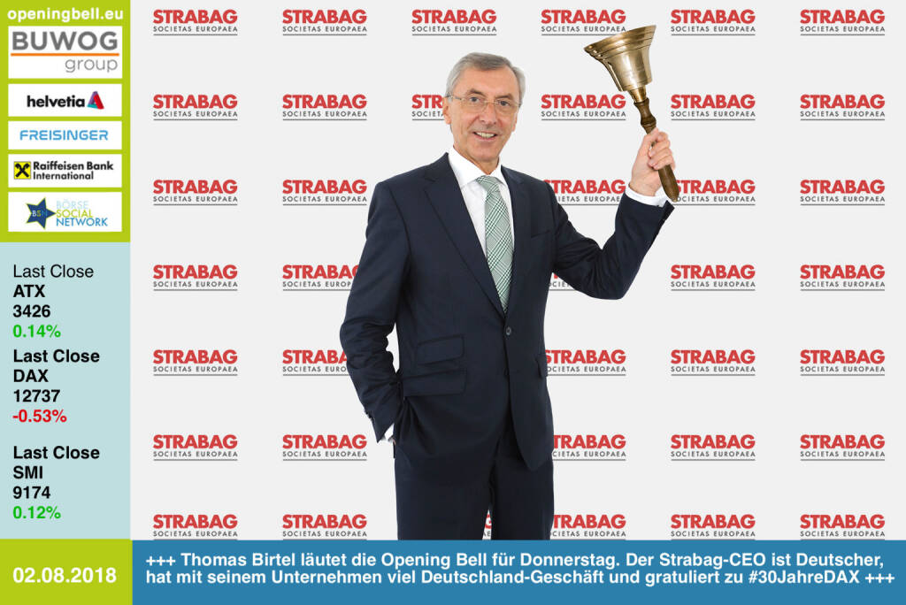 2.8.:  Thomas Birtel läutet die Opening Bell für Donnerstag. Der Strabag-CEO ist Deutscher, hat mit seinem Unternehmen viel Deutschland-Geschäft und gratuliert zu #30JahreDAX http://www.strabag.com https://www.facebook.com/groups/GeldanlageNetwork/ #goboersewien  (02.08.2018) 