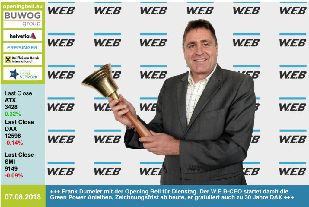 7.8.: Frank Dumeier mit der Opening Bell für Dienstag. Der W.E.B-CEO startet damit die Green Power Anleihen, die Zeichnungsfrist beginnt heute und by the way gratuliert er zu #30JahreDAX. https://www.windenergie.at/page.asp/-/index.htm  https://www.facebook.com/groups/GeldanlageNetwork  #goboersewien  (07.08.2018) 