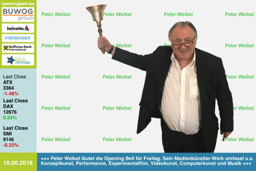 10.8.: Peter Weibel läutet die Opening Bell für Freitag. Sein Medienkünstler-Werk umfasst u.a. Konzeptkunst, Performance, Experimentalfilm, Videokunst, Computerkunst und Musik (Hotel Morphila Orchester) (10.08.2018) 