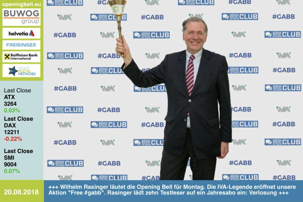 20.8.: Wilhelm Rasinger läutet die Opening Bell für Montag. Die IVA-Legende eröffnet unsere Aktion Free #gabb. Rasinger lädt zehn Testleser auf ein Jahresabo ein, Danke! Wir verlosen ab Anfang September, Nachahmer erwünscht.  http://www.boerse-social.com/gabb https://www.facebook.com/groups/GeldanlageNetwork  #goboersewien  (20.08.2018) 