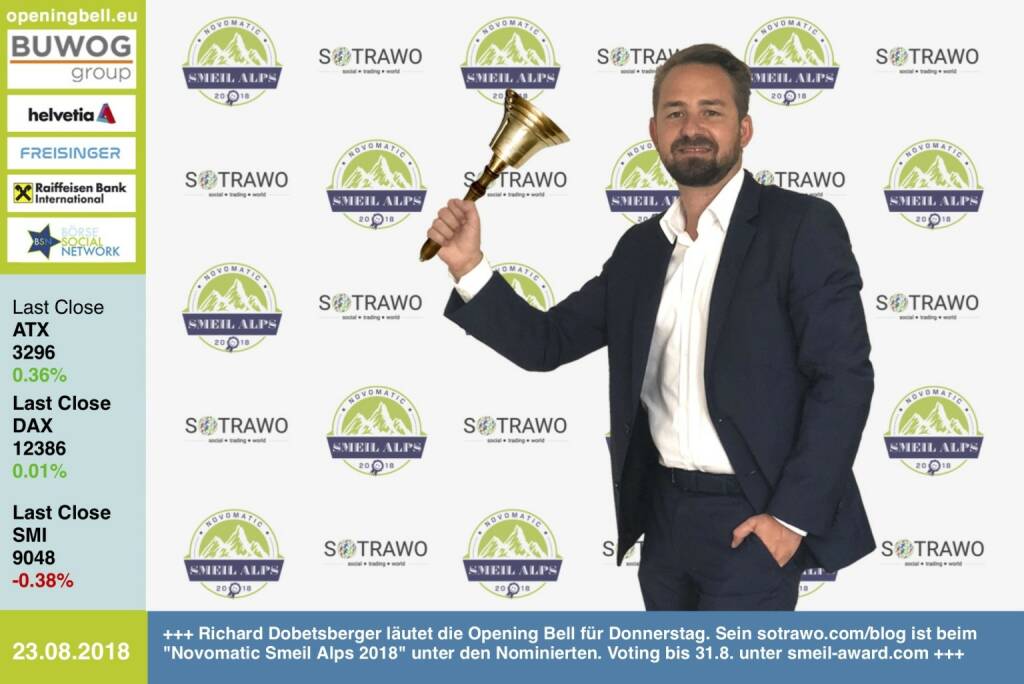 23.8.: Richard Dobetsberger läutet die Opening Bell für Donnerstag. Sein https://www.sotrawo.com/blog ist beim Novomatic Smeil Alps 2018 unter den Nominierten. Voting bis 31.8. unter http://www.smeil-award.com https://www.facebook.com/groups/GeldanlageNetwork  #goboersewien  (23.08.2018) 