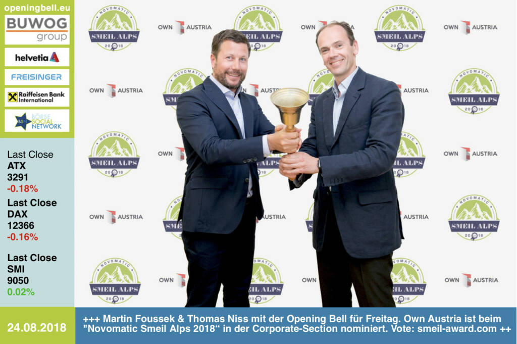 24.8.: Martin Foussek und Thomas Niss läuten die Opening Bell für Freitag. Own Austria ist beim Novomatic Smeil Alps 2018“ in der Corporate-Section nominiert. Vote: smeil-award.com https://www.facebook.com/groups/GeldanlageNetwork  #goboersewien  (24.08.2018) 