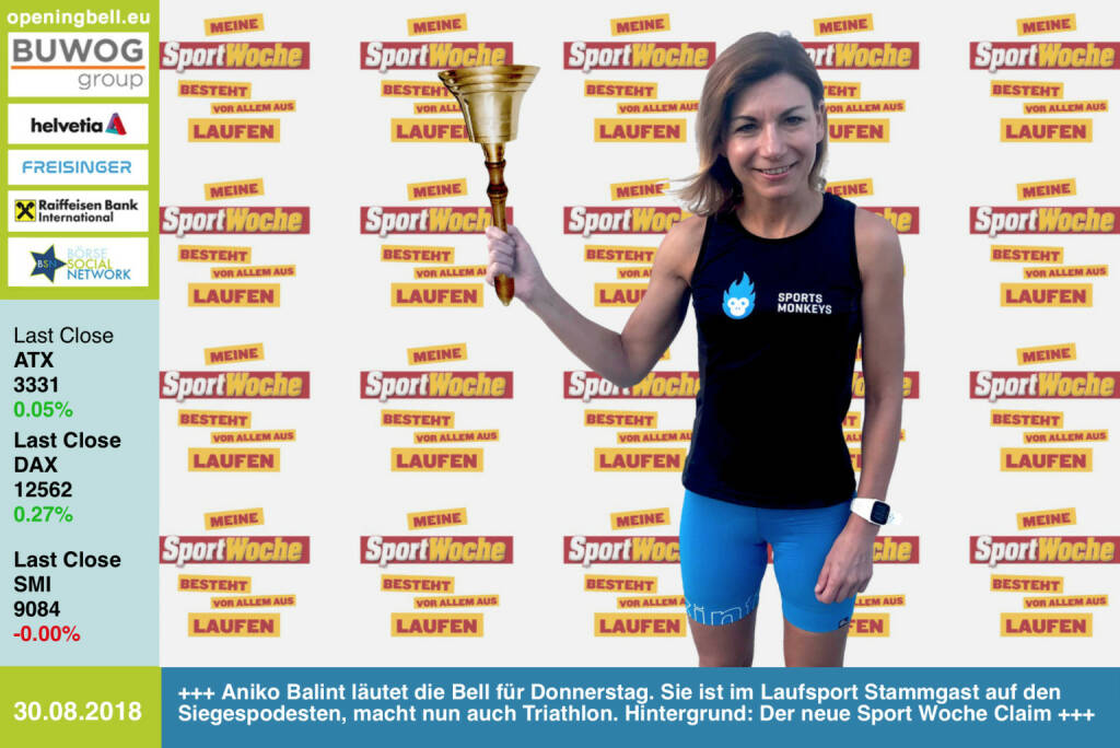 30.8.: Aniko Balint läutet die Opening Bell für Donnerstag. Sie ist im Laufsport Stammgast auf den Siegespodesten, macht nun auch Triathlon. Wall-Hintergrund: Der neue Sport Woche Claim (jede Sportart einsetzbar und als Shirt verfügbar)   https://www.facebook.com/groups/Sportsblogged http://www.runplugged.com (30.08.2018) 