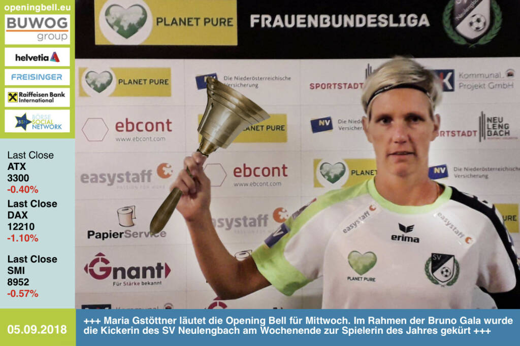 5.9.: Maria Gstöttner läutet die Opening Bell für Mittwoch. Im Rahmen der Bruno Gala wurde die Kickerin des SV Neulengbach am Wochenende zur Spielerin des Jahres gekürt https://www.facebook.com/groups/Sportsblogged http://www.runplugged.com  (05.09.2018) 