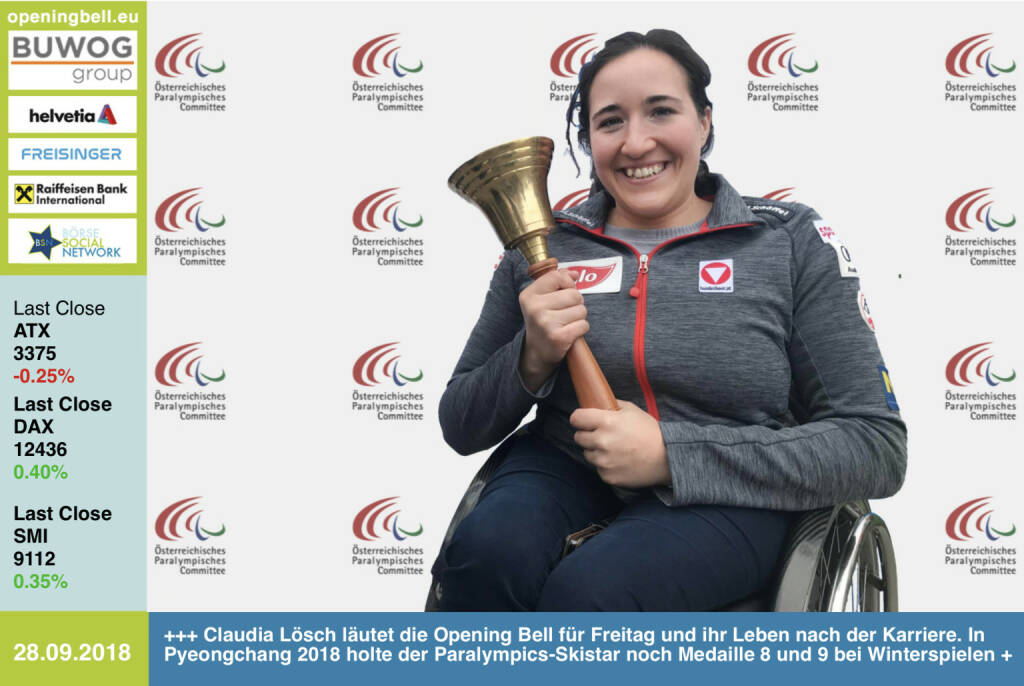 28.9.:  Claudia Lösch läutet die Opening Bell für Freitag und ihr Leben nach der Karriere. In Pyeongchang 2018 holte der Paralympics-Skistar noch ihre Medaillen 8 und 9 bei Winterspielen http://www.oepc.at https://www.facebook.com/groups/Sportsblogged http://www.runplugged.com  (28.09.2018) 