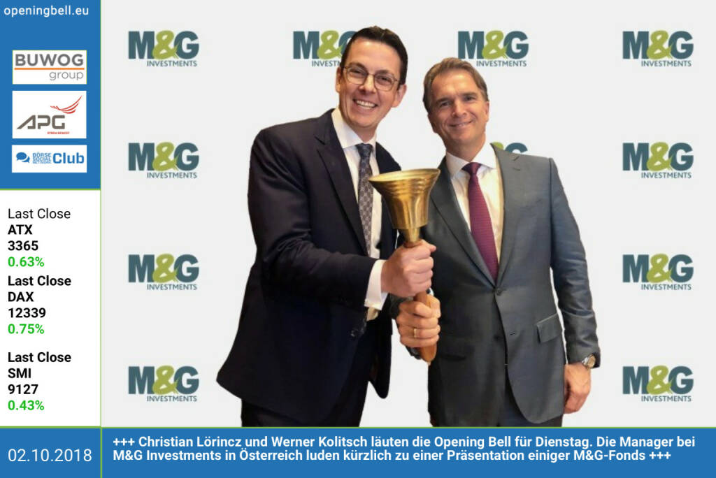 2.10.: Christian Lörincz und Werner Kolitsch läuten die Opening Bell für Dienstag. Die Manager bei M&G Investments in Österreich luden kürzlich zu einer Präsentation einiger M&G-Fonds. http://www.mandg.at https://www.facebook.com/groups/GeldanlageNetwork  (02.10.2018) 