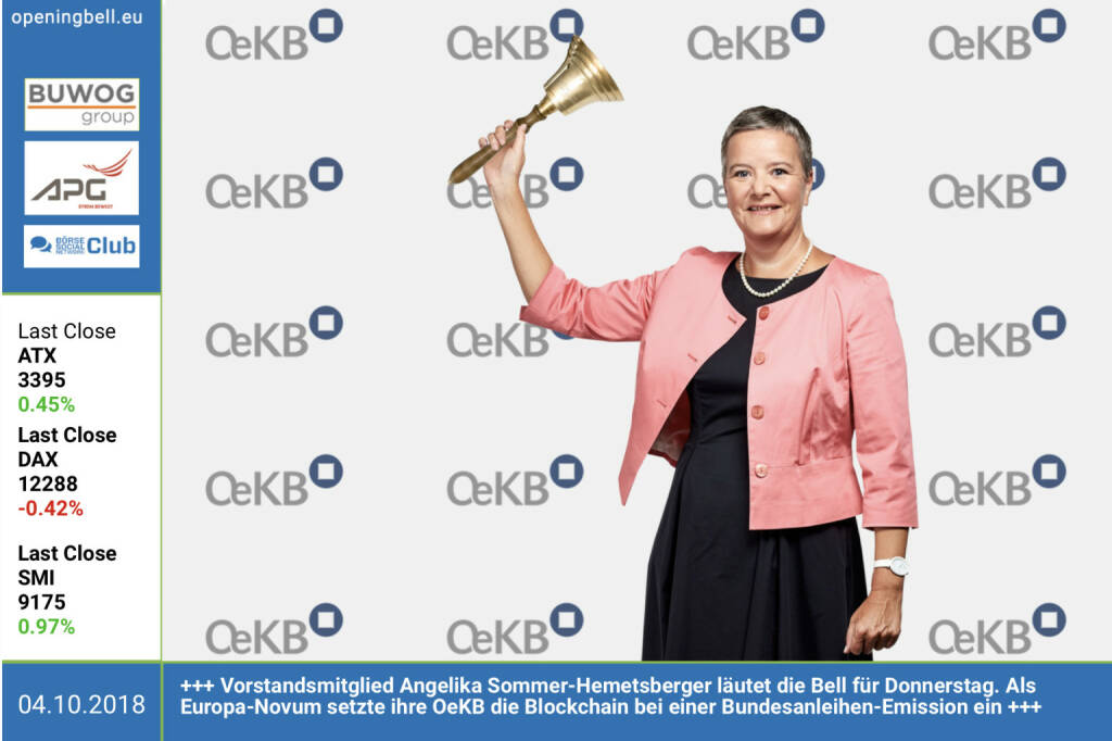 4.10.: Angelika Sommer-Hemetsberger aus dem Vorstandsteam der OeKB läutet die Opening Bell für Donnerstag. Diese Woche startete die OeKB mit dem Einsatz der Blockchain-Technologie im Rahmen der Begebung einer Bundesanleihe und übernimmt so europaweit eine Vorreiterrolle. Die Blochchain-Lösung wird nun für die Daten-Notarisierung bei der Auktion von Bundesanleihen eingesetzt. Die OeKB, als Anbieterin zahlreicher Dienstleistungen für die Exportwirtschaft und den Kapitalmarkt, beschäftigt sich seit einiger Zeit intensiv mit der Blockchain-Thematik und hat bereits in der Vergangenheit mehrere Prototypen getestet. Der Start des Echtbetriebs war der logische nächste Schritt. http://www.oekb.at https://www.facebook.com/groups/GeldanlageNetwork  (04.10.2018) 