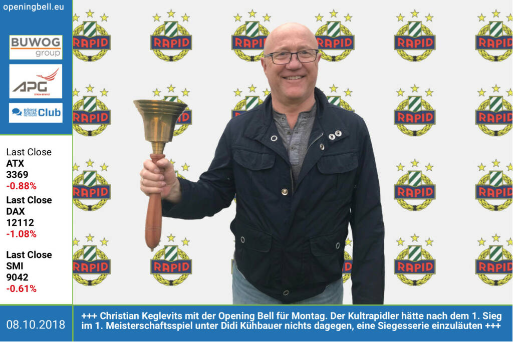 8.10.:  Christian Keglevits mit der Opening Bell für Montag. Der Kultrapidler hätte nach dem 1. Sieg im 1. Meisterschaftsspiel unter Didi Kühbauer nichts dagegen, eine Siegesserie einzuläuten https://www.skrapid.at/ https://www.facebook.com/groups/Sportsblogged http://www.runplugged.com  (08.10.2018) 