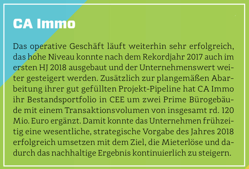 CA Immo - Das operative Geschäft läuft weiterhin sehr erfolgreich, das hohe Niveau konnte nach dem Rekordjahr 2017 auch im ersten HJ 2018 ausgebaut und der Unternehmenswert weiter gesteigert werden. Zusätzlich zur plangemäßen Abarbeitung ihrer gut gefüllten Projekt-Pipeline hat CA Immo ihr Bestandsportfolio in CEE um zwei Prime Bürogebäude mit einem Transaktionsvolumen von insgesamt rd. 120 Mio. Euro ergänzt. Damit konnte das Unternehmen frühzeitig eine wesentliche, strategische Vorgabe des Jahres 2018 erfolgreich umsetzen mit dem Ziel, die Mieterlöse und dadurch das nachhaltige Ergebnis kontinuierlich zu steigern.
 (13.10.2018)