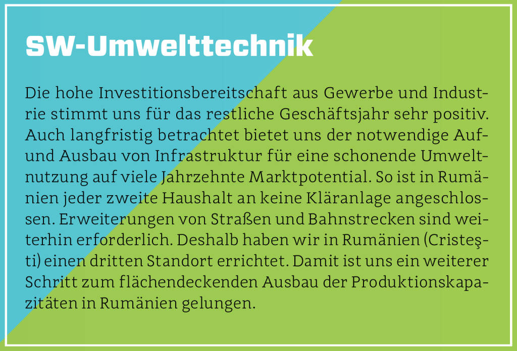 SW-Umwelttechnik - Die hohe Investitionsbereitschaft aus Gewerbe und Industrie stimmt uns für das restliche Geschäftsjahr sehr positiv. Auch langfristig betrachtet bietet uns der notwendige Auf- und Ausbau von Infrastruktur für eine schonende Umweltnutzung auf viele Jahrzehnte Marktpotential. So ist in Rumänien jeder zweite Haushalt an keine Kläranlage angeschlossen. Erweiterungen von Straßen und Bahnstrecken sind weiterhin erforderlich. Deshalb haben wir in Rumänien (Cristeşti) einen dritten Standort errichtet. Damit ist uns ein weiterer Schritt zum flächendeckenden Ausbau der Produktionskapazitäten in Rumänien gelungen. (13.10.2018) 