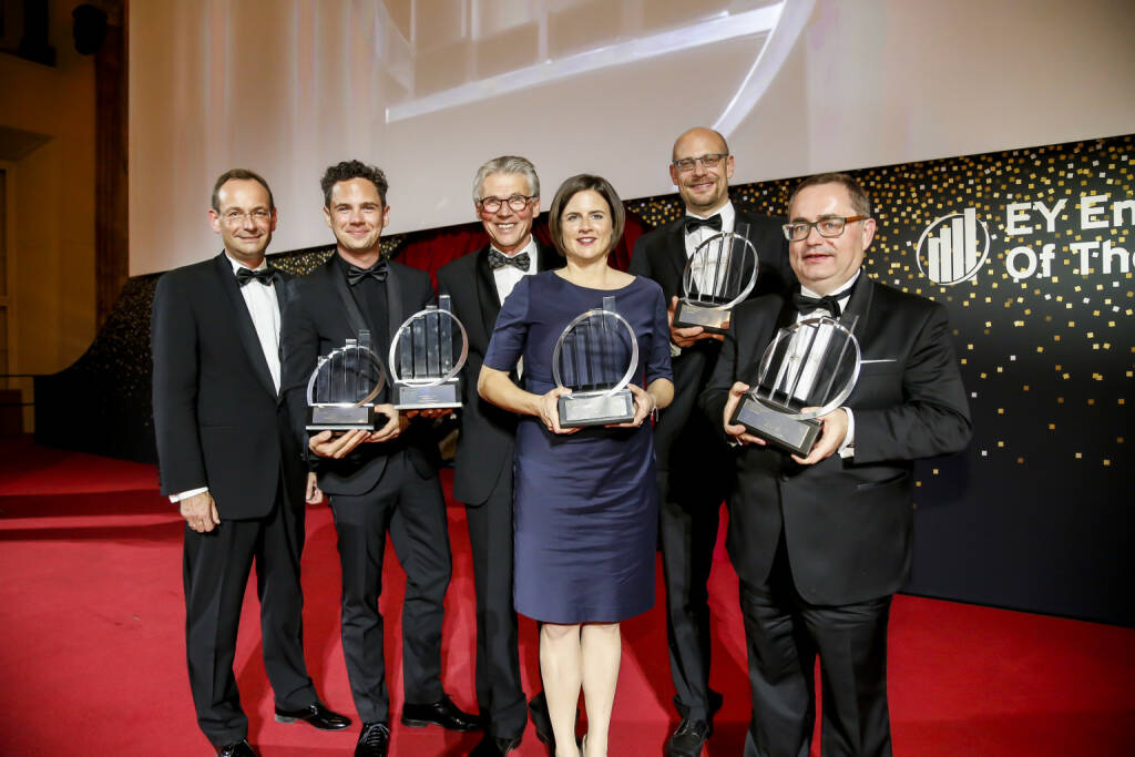 Die Prüfungs- und Beratungsorganisation EY vergab zum 13. Mal den EY Entrepreneur Of The Year AwardTM in Österreich: (v.l.n.r.): Erich Lehner, Managing Partner Markets EY Österreich; Philipp Maderthaner, Campaigning Bureau; Walter Emberger, Teach For Austria; Katharina List-Nagl, F/LIST; Johannes Homa, Lithoz; Werner Trenker, MED TRUST; Copyright: Point of View, © Aussendung (13.10.2018) 