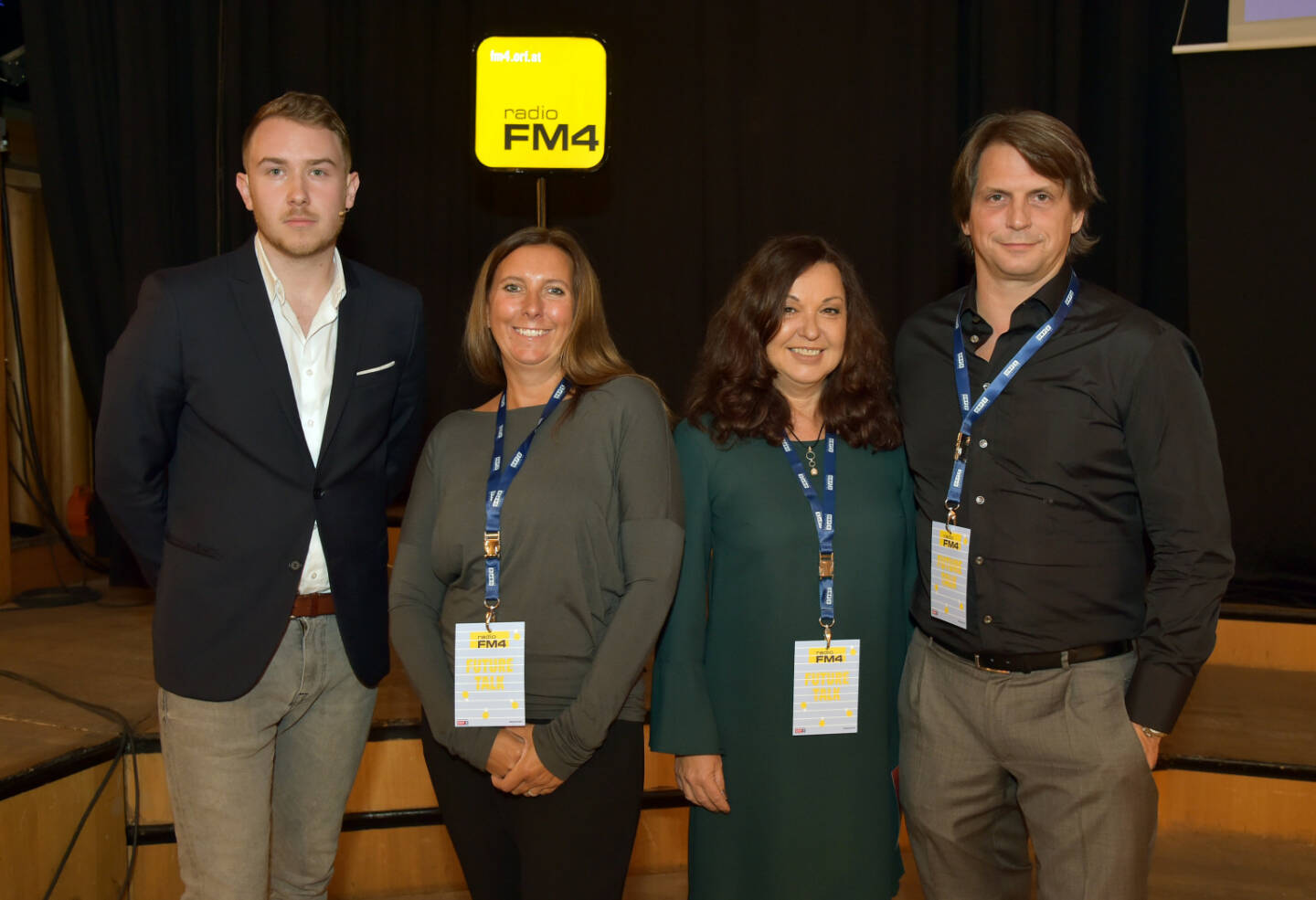 FM4-Futuretalk im ORF RadioKulturhaus feierte Premiere. Der deutsche Zukunftsforscher Tristan Horx  erklärte, wie Radio auch in Zukunft die Herzen der Hörer erobert und damit noch attraktiver für Werbetreibende wird. Im Bild: Tristan Horx, Petra Silbermair (ORF), ORF-Radiodirektorin Monika Eigensperger, ORF-Enterprise-CEO Oliver Böhm, Credit:  © leisure communications/Christian Jobst