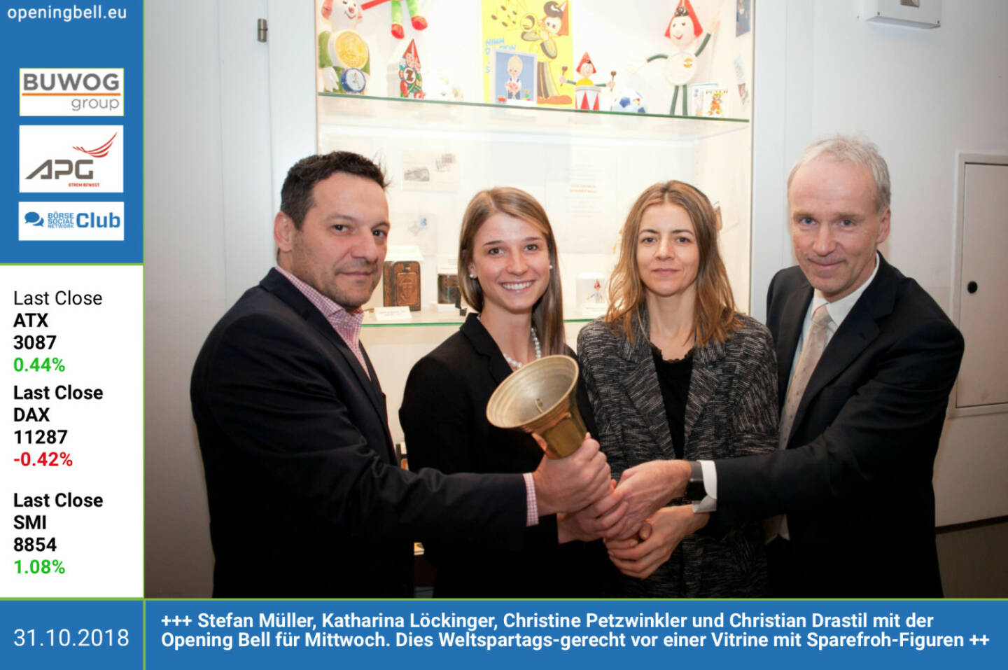 31.10.: Stefan Müller, Katharina Löckinger, Christine Petzwinkler und Christian Drastil mit der Opening Bell für Mittwoch. Dies Weltspartags-gerecht vor einer Vitrine mit Sparefroh-Figuren #weltspartag https://www.facebook.com/groups/GeldanlageNetwork  