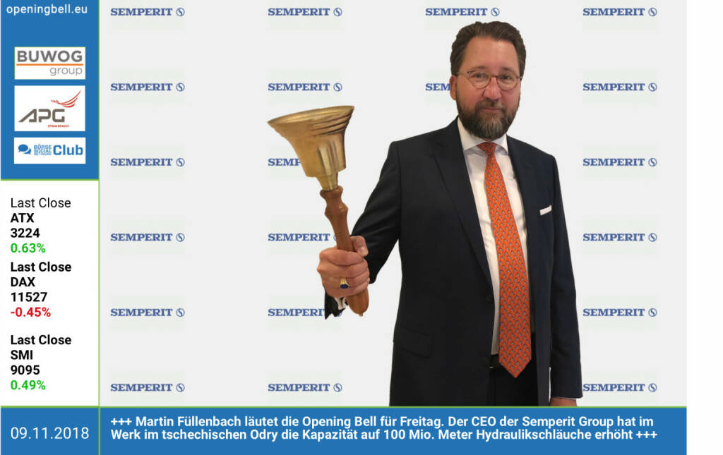 9.11.: Martin Füllenbach läutet die Opening Bell für Freitag. Der CEO der Semperit Group hat im Werk im tschechischen Odry die Kapazität auf 100 Mio. Meter Hydraulikschläuche erhöht. http://semperitgroup.com https://www.facebook.com/groups/GeldanlageNetwork (09.11.2018) 