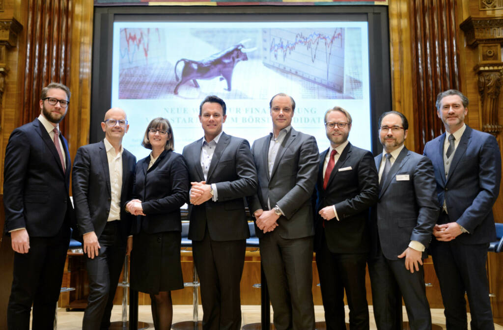 Neue Wege zur Finanzierung: vom Start-up zum Börsekandidaten; Podiumsdiskussion mit (v.li) Philipp Schrader (Eisenberger & Herzog), Klaus della Torre (RCB), Henriette Lininger (Wiener Börse), Christoph Boschan (Wiener Börse), Ralf Kunzmann (aws Gründerfonds), Josef Schmidt (Eisenberger & Herzog) Thomas Schaffer (TPA) und Martin Wenzl (Wiener Börse) zu Themen wie Venture Capital, Corporate Governance und „Börsefitness“, Chancen durch Listings und zu rechtlichen Fragen rund um die Börse. Bildquelle: ehlaw.at (28.11.2018) 