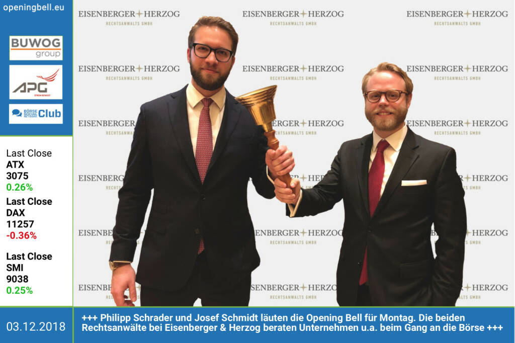 3.12.: Philipp Schrader und Josef Schmidt läuten die Opening Bell für Montag. Die beiden Rechtsanwälte bei Eisenberger & Herzog beraten Unternehmen in Kapitalmarktrechtsfragen etc. http://www.ehlaw.at https://www.facebook.com/groups/GeldanlageNetwork (03.12.2018) 