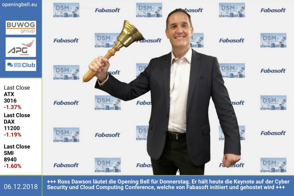 6.12.: Ross Dawson läutet die Opening Bell für Donnerstag. Er hält heute die Keynote auf der Cyber Security und Cloud Computing Conference, welche von Fabasoft initiiert und gehostet wird. https://www.fabasoft.com/de/news/events/cybersecurity-und-cloud-computing-so-erreicht-europa-den-ultimativen-wettbewerbsvorteil https://www.facebook.com/groups/GeldanlageNetwork (06.12.2018) 