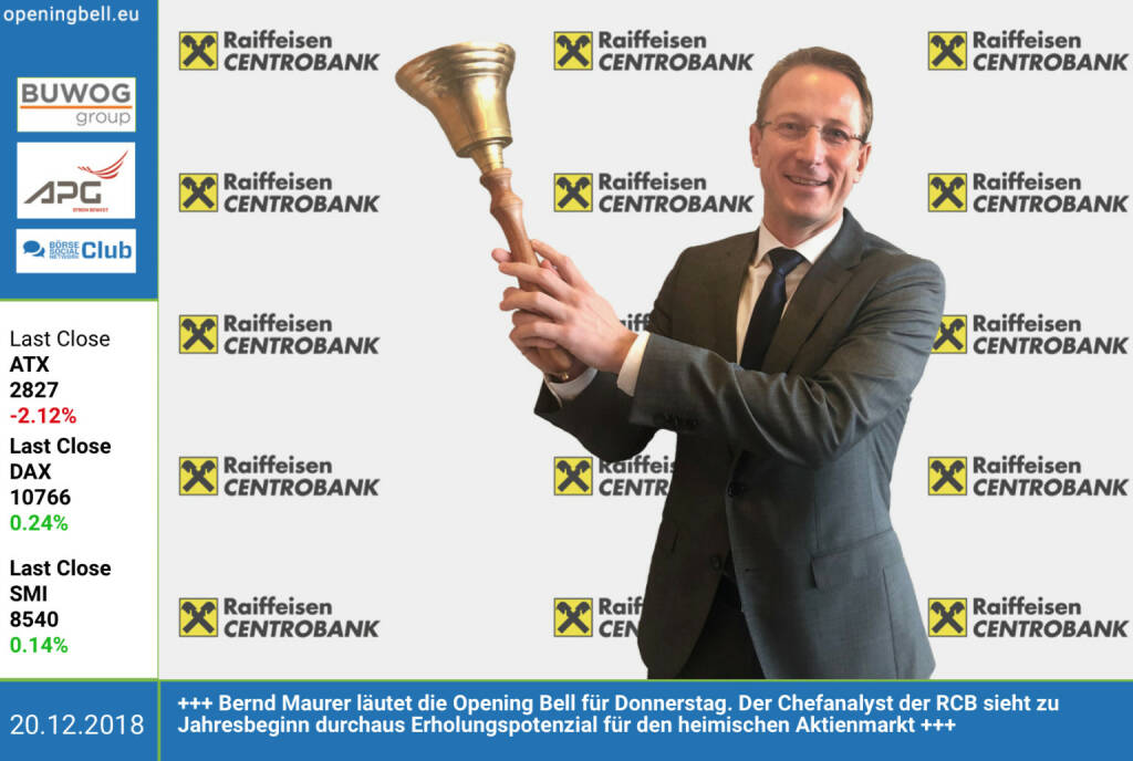 20.12.: Bernd Maurer läutet die Opening Bell für Donnerstag. Der Chefanalyst der RCB sieht zu Jahresbeginn durchaus Erholungspotenzial für den heimischen Aktienmarkt. http://rcb.at  https://www.facebook.com/groups/GeldanlageNetwork (20.12.2018) 