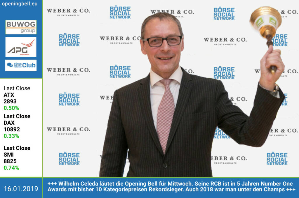 16.1.: Wilhelm Celeda läutet die Opening Bell für Mittwoch. Seine RCB ist in 5 Jahren Number One Awards mit bisher 10 Kategoriepreisen Rekordsieger. Auch 2018 war man unter den Champs. Mehr dazu heute im http://www.boerse-social.com/gabb http://www.rcb.at http://www.weber.co.at/ (16.01.2019) 