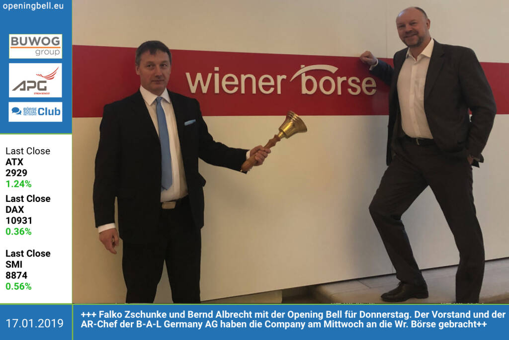 17.1.: Falko Zschunke und Bernd Albrecht mit der Opening Bell für Donnerstag. Der Vorstand und der AR-Chef der B-A-L Germany AG haben die Company am Mittwoch an die Wiener Börse gebracht. http://bal-ag.de https://www.facebook.com/groups/GeldanlageNetwork (17.01.2019) 