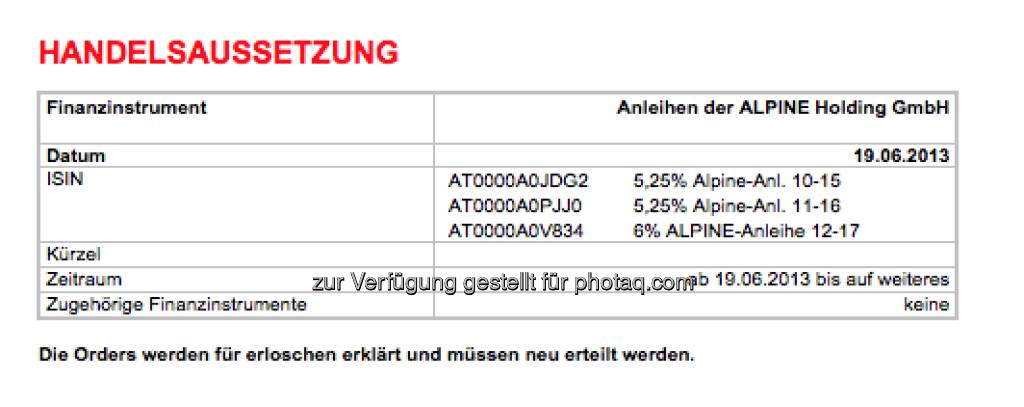 Alpine-Anleihen vom Handel ausgesetzt (19.06.2013) 