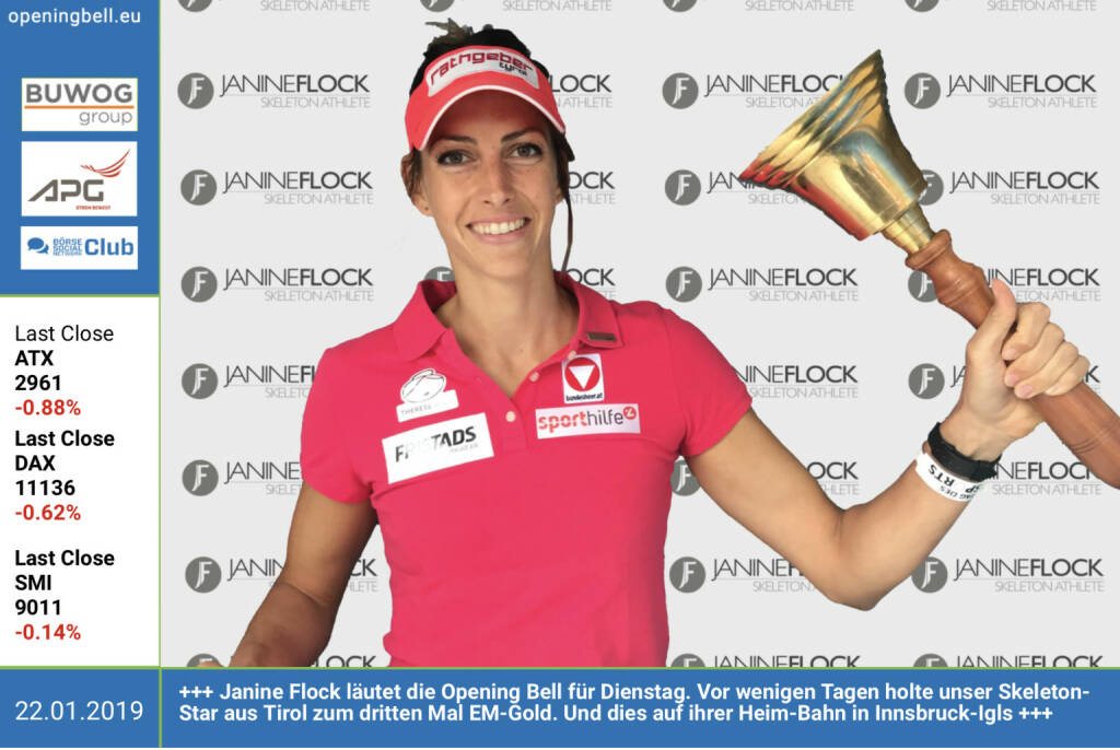 22.1.:  Janine Flock läutet die Opening Bell für Dienstag. Vor wenigen Tagen holte unser Skeleton-Star aus Tirol zum dritten Mal EM-Gold. Und dies auf ihrer Heim-Bahn in Innsbruck-Igls https://www.janine-flock.at https://www.facebook.com/search/top/?q=sportsblogged http://www.runplugged.com (22.01.2019) 