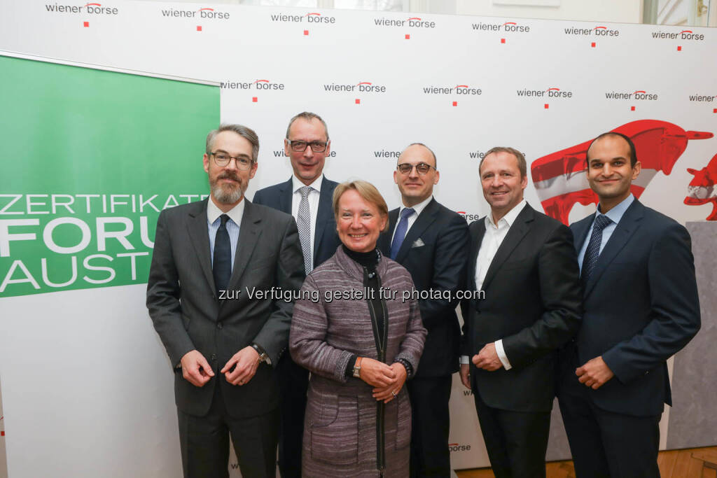 Heiko Geiger (Vontobel), Willi Celeda (RCB),Heike Arbter (RCB), Thomas Wulf (Generalsekretär EUSIPA), Frank Weingarts (UniCredit onemarket), Pedram Payami (Erste Group), © Zertifikate Forum Austria/APA-Fotoservice/Tanzer Fotograf/in: Richard Tanzer (23.01.2019) 