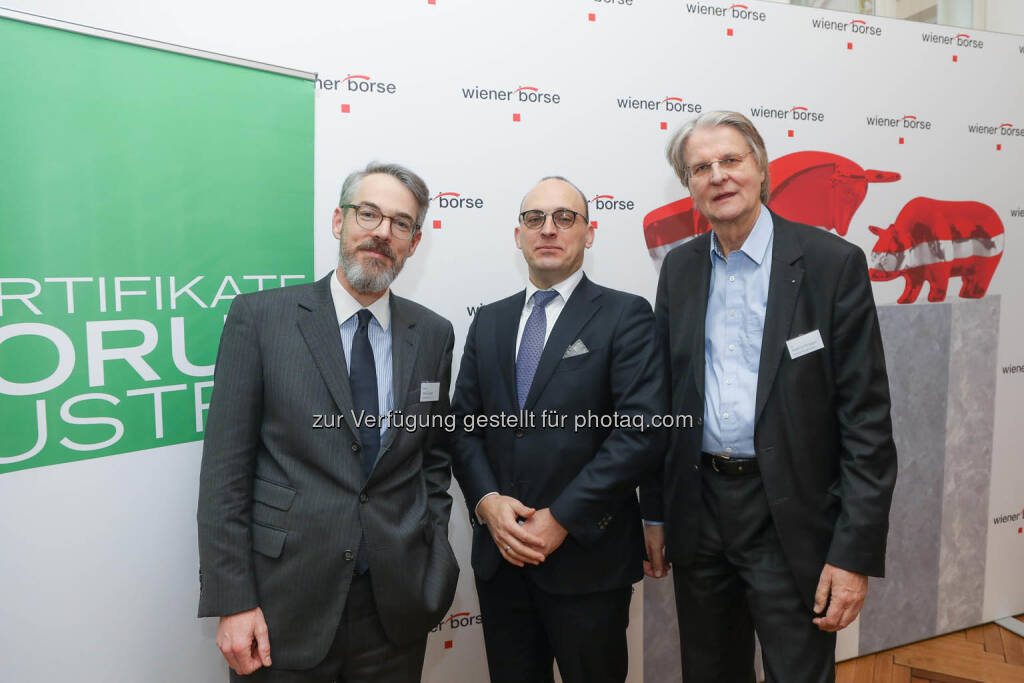 Heiko Geiger (Vontobel), Thomas Wulf (Generalsekretär EUSIPA), Hartmut Knüppel (DDV), © Zertifikate Forum Austria/APA-Fotoservice/Tanzer Fotograf/in: Richard Tanzer (23.01.2019) 