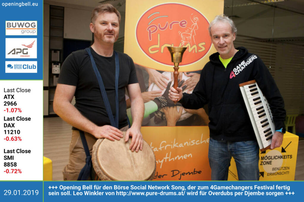 29.1.: Opening Bell für den Börse Social Network Song, der zum 4Gamechangers Festival fertig sein soll. Leo Winkler von http://www.pure-drums.at/ wird für Overdubs per Djembe sorgen https://4gamechangers.io/  https://www.facebook.com/groups/GeldanlageNetwork #boersesocialinspirin
 (29.01.2019) 