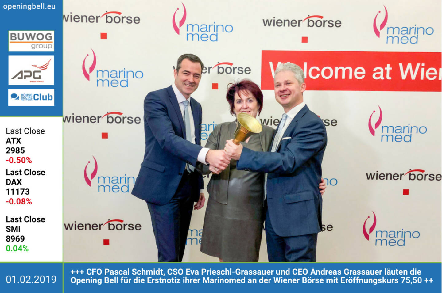 1.2.: CFO Pascal Schmidt, CSO Eva Prieschl-Grassauer und CEO Andreas Grassauer läuten die Opening Bell für die Erstnotiz ihrer Marinomed an der Wiener Börse mit Eröffnungskurs 75,50  https://www.marinomed.com/de/   http://www.wienerborse.at https://www.facebook.com/groups/GeldanlageNetwork 